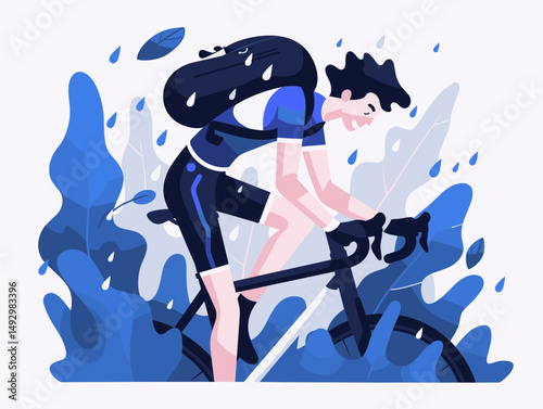 Rainy Ride: A determined cyclist navigates through a downpour, embodying perseverance. The artwork showcases movement and the challenging spirit of outdoor adventure.