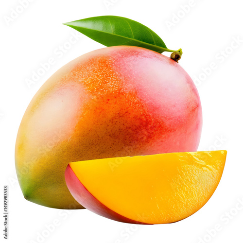 Ripe Mango with Slice and Leaf Isolated on Transparent Background