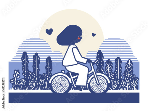 A Whimsical Ride: An adorable cartoon illustration featuring a young person biking through a charming landscape, embracing the joy of simple pleasures and exploring a world filled with hearts, hills.