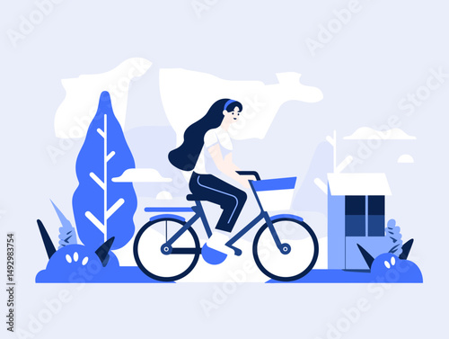 Serene Cycling Journey: A serene illustration captures a woman cycling along a scenic route, the image evoking a sense of peacefulness and freedom.