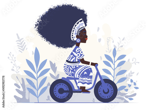 African Ride: An enchanting illustration captures a lady of African descent, embarking on a bicycle adventure amidst a natural, plant-filled backdrop.
