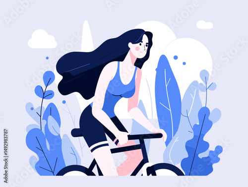 Woman Bicycling Through Lush Greenery: A vibrant illustration of a woman gracefully cycling through a serene landscape, capturing the essence of freedom and vitality.