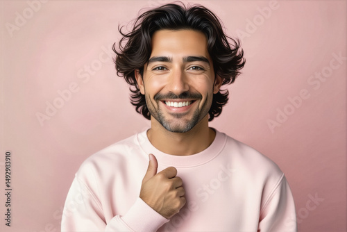 A smiling young man with wavy dark hair and a light beard gives a thumbs-up while wearing a light pink sweater against a soft pink background.