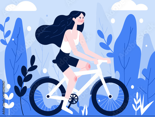 Joyful Bike Ride: A spirited young woman is depicted enjoying a delightful bicycle ride through a serene landscape, symbolizing freedom and the pursuit of an active, healthy lifestyle.
