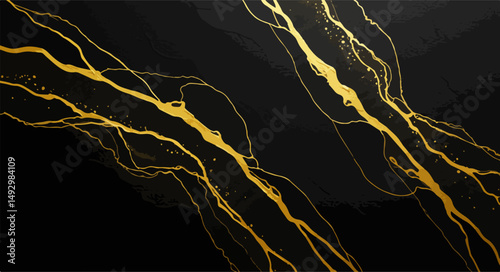  Elegant abstract painting featuring fluid golden shapes on a matte black background. Shimmering gold veins and modern composition create a sophisticated visual suitable for fine art collections or lu