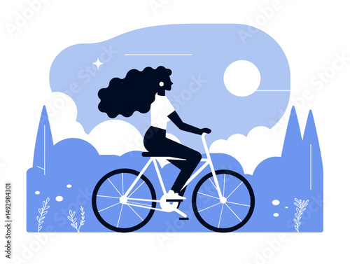 Cycling into the Blue: A silhouette of a woman joyfully pedals her bicycle, silhouetted against a backdrop of stylized sky, clouds, and trees, evoking a sense of freedom and adventure.