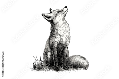 Graceful Fox Sitting, Vintage Forest Animal Line Drawing, Rustic Wildlife Etching, Hand-Etched Fox Sketch, Old Engraving Style Art, Nature Wall Print, Woodland Animal Decor