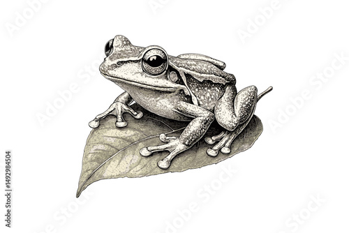 Rustic Frog Drawing, Vintage Nature Illustration, Scientific Animal Art, Frog Sitting on Leaf, Monochrome Wildlife Etching, Old Engraving Style, Hand-drawn Line Art, Nature Wall Decor