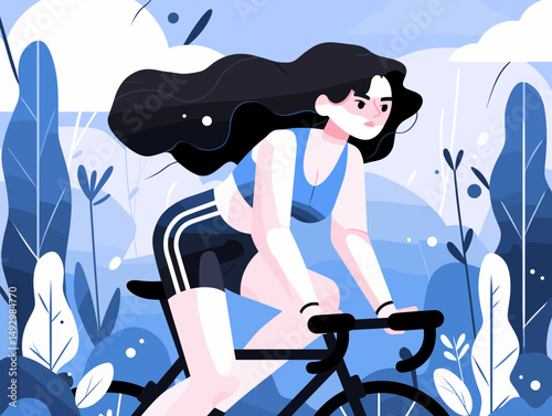 Cycling Woman: A dynamic illustration portrays a woman cycling through a stylized landscape, embodying fitness and an active lifestyle.
