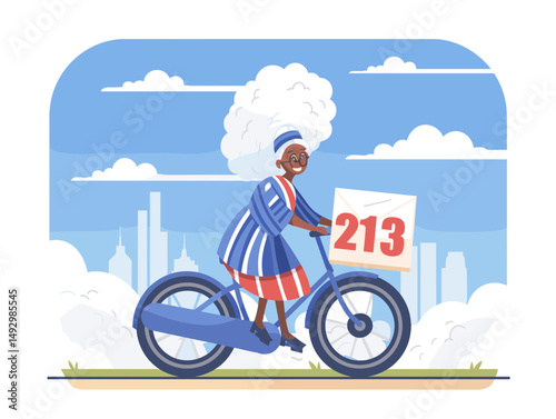 Delivery on Two Wheels: An illustration of an elderly individual with unique style. She is cycling with a significant message, perhaps symbolizing important communication and dependable service.
