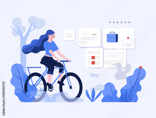 Cycling Adventure and Planning: A determined individual rides a bicycle, symbolizing journey and planning, with a graphic overlay indicating progress and direction.