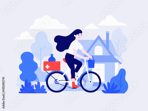 Delivery Service: A courier on a bicycle rides through a residential area with medical supplies, offering a glimpse of efficient service within the community.