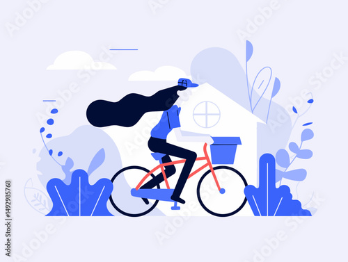 Commuting Serenity: An illustration captures a woman on a bicycle journey through a landscape. This scene presents an optimistic vision of urban living.