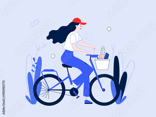 Riding Bicycle in Park: A vibrant illustration captures a woman on a bicycle navigating through a park, embodying the essence of active lifestyle and embracing the outdoors.