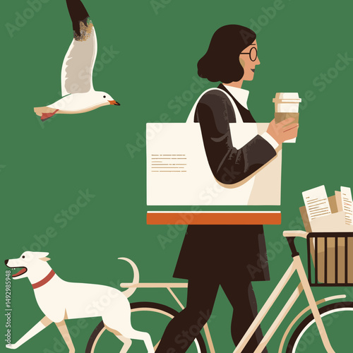Urban Morning Routine: A person navigates a vibrant city scene, a blend of convenience and nature, carrying a coffee and a shopping bag, accompanied by a dog and a seagull.