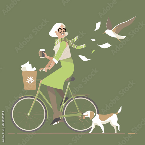 Charming Cyclist and companion: An elderly woman, radiating joy, embarks on a cycling journey, trailed by her friendly canine companion, all amidst fluttering papers and a soaring seagull.