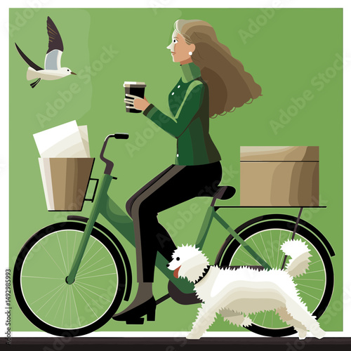 Urban Cycling with Companion: A stylish person enjoys a leisurely bike ride through an urban landscape, accompanied by their cheerful canine friend and a soaring seagull.