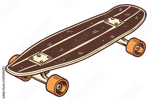 68 skateboard, wooden, retro style, old, vintage, dark brown, orange wheels, minimalist, sleek design, isolated on white background