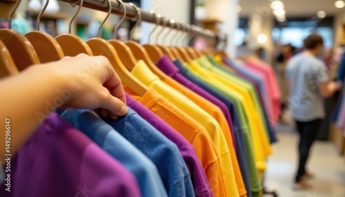 Shopping experience colorful t-shirts displayed in a retail store indoor environment vibrant viewpoint