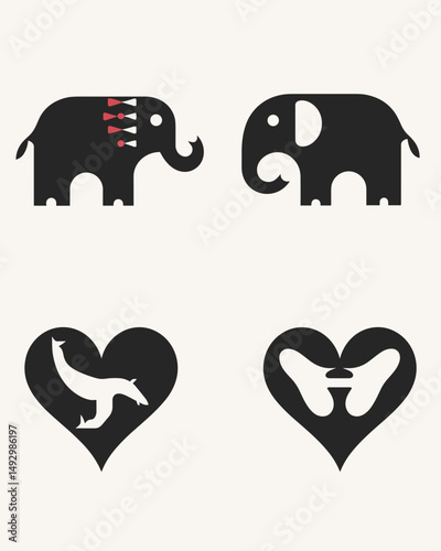 Elephant Silhouette Icons: A creative graphic set showcasing four unique elephant silhouettes, each with its own style and symbolism, perfect for design projects, website decoration.