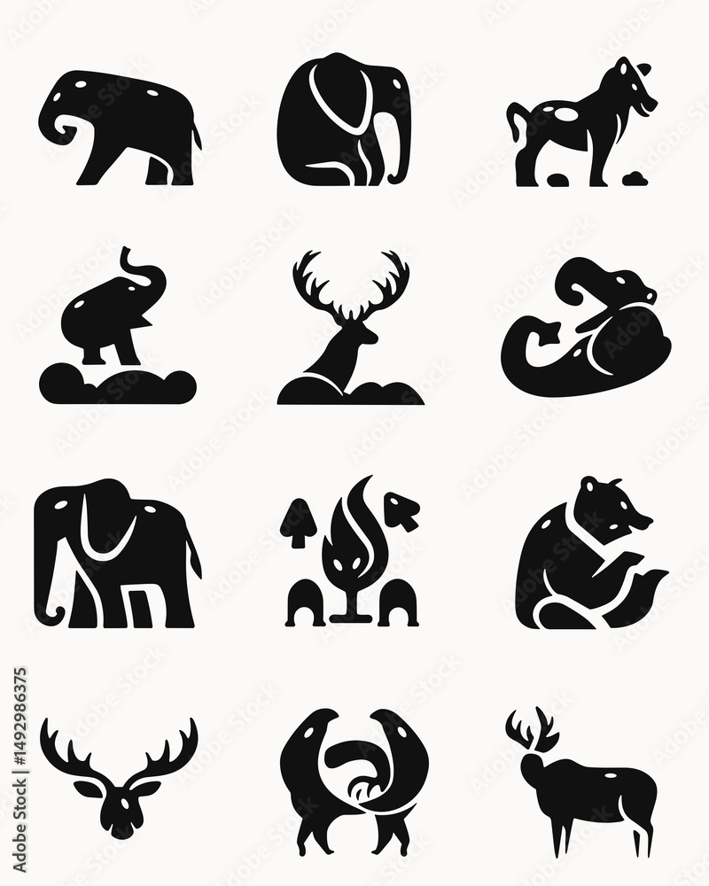 Obraz premium Animal Icons: A collection of 12 simple, stylized animal icons - elephant, wolf, bear, and deer - perfect for minimalist designs or branding. Each icon is vectorized and comes in a simple.
