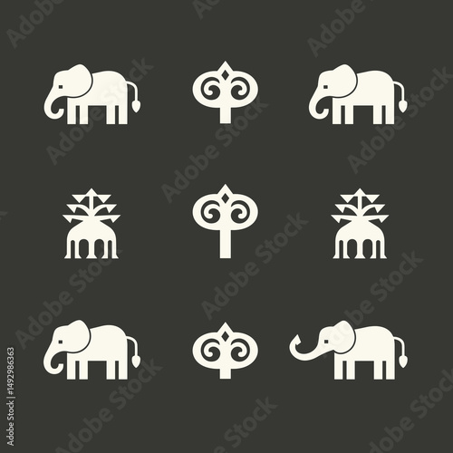 Geometric Elephant and Decorative Motif Arrangement: A visually striking arrangement of elephant motifs and decorative design elements, offering a minimalist yet elegant aesthetic.