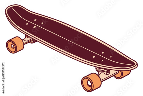 kateboard, wooden, retro style, old, vintage, dark brown, orange wheels, minimalist, sleek design, isolated on white background