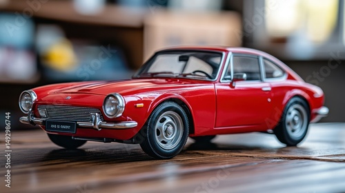 Red collectible car model on wooden table