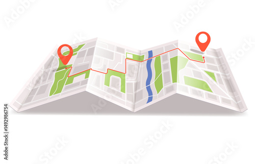 Folded city map with red route line and two location pins in isometric style on white background. Concept of navigation and travel. Vector illustration