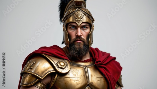 Heroic warrior in ancient armor studio setting character portrait dramatic lighting close-up strength and valor