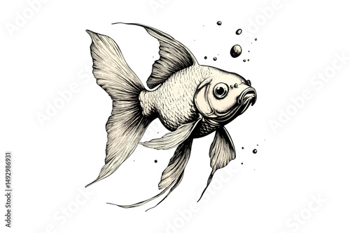 Rustic ocean creature print, goldfish swimming line art, vintage scientific marine life sketch, monochrome hand-drawn fish illustration, old engraving style, trendy aquatic animal decor