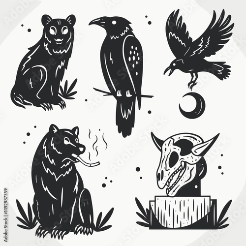 Magical Forest Creatures: A captivating collection of hand-drawn black and white illustrations, celebrating the enigmatic charm of creatures in a whimsical forest.