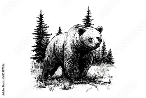 Black Sketch Bear in Nature, Vintage Wildlife Wall Art, Rustic Engraving Style, Hand-drawn Forest Scene, Antique Animal Drawing, woodland decor print, country cabin artwork