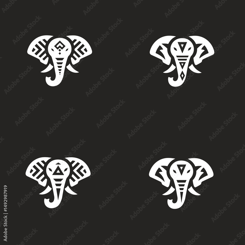 Fototapeta premium Elephants Head Icon Pattern: A meticulously crafted pattern showcasing the majestic presence of an elephant's head, designed with an artistic and stylized flair, against a dark backdrop.