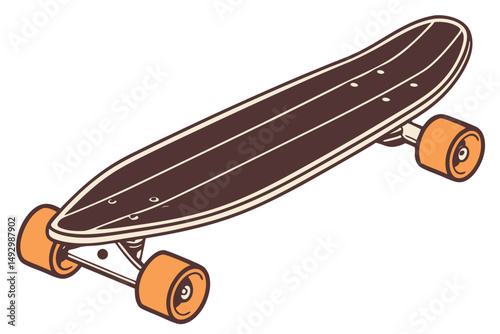 kateboard, wooden, retro style, old, vintage, dark brown, orange wheels, minimalist, sleek design, isolated on white background