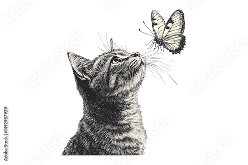 Vintage Hand-drawn Cat and Butterfly, Detailed Engraving, Rustic Wildlife Print, Cute Animal Wall Decor, Pet Sketch Design, Antique Line Art, Black Sketch, old style engraving, nature art print