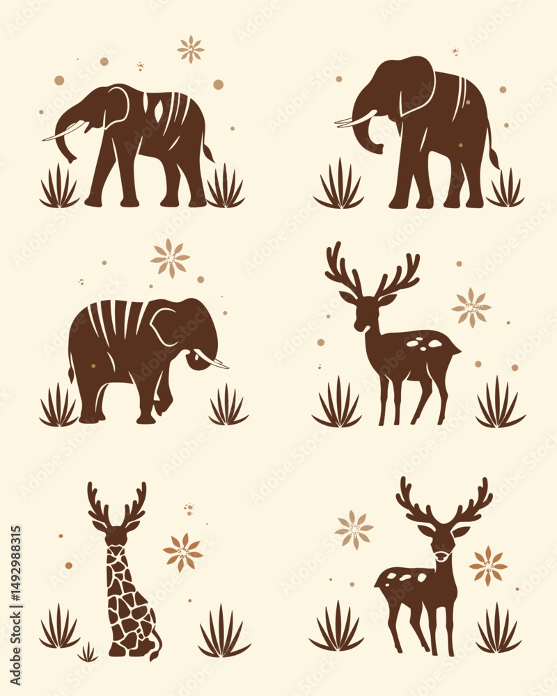 Obraz premium African Animal Illustration: A captivating illustrative display featuring diverse African animals, each rendered with unique textures and silhouettes. the perfect piece to add charm and appeal.