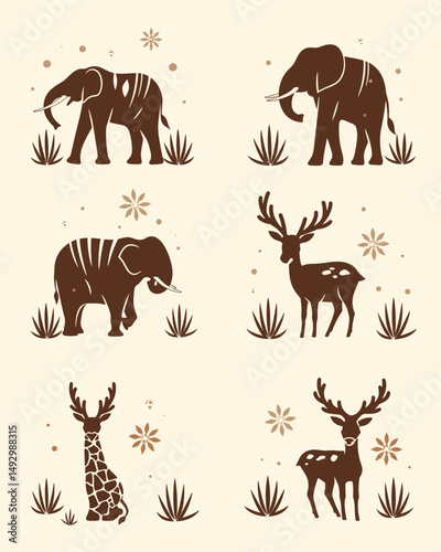 African Animal Illustration: A captivating illustrative display featuring diverse African animals, each rendered with unique textures and silhouettes. the perfect piece to add charm and appeal.