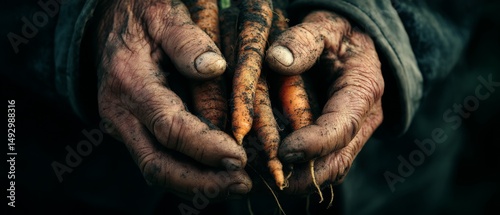 Weathered hands cradle freshly harvested carrots, embodying the rewarding connection between human labor and nature's bounty.