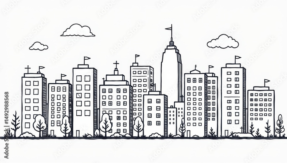 Naklejka premium Urban skyline illustration metropolis graphic art cityscape minimalist design hand-drawn style