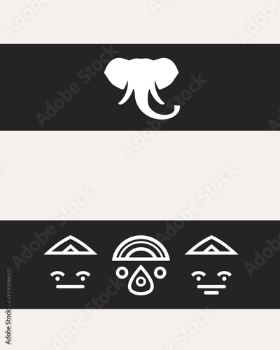 Abstract Tribal Pattern: A minimalist artistic design, blending the concepts of an elephant and faces alongside with weather in a monochrome palette of black and light gray.