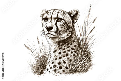 Black Sketch Cheetah in Grasslands, Vintage Animal Print, Engraving Style Illustration, Rustic Wildlife Wall Art, Safari Decor, Detailed Hand-drawn Animal, Nature Art Print