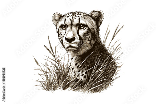 Vintage Cheetah Engraving, Hand-drawn Wildlife Art, Detailed Black Sketch, Rustic Safari Decor, Animal Print Design, Classic Nature Illustration, Trendy Vintage Wall Decor