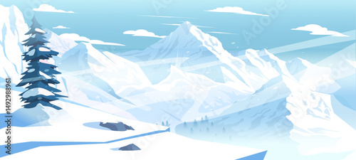Snowy mountain range with tall pine tree in foreground, stylized art, blue sky background. Concept of winter wilderness. Vector illustration