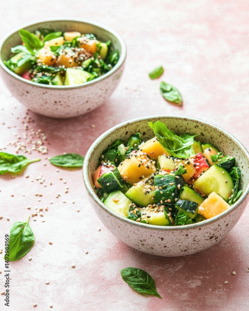 custom made wallpaper toronto digitalTwo bowls of fresh summer salad with melon cucumber and basil on pink textured surface top angle healthy eating