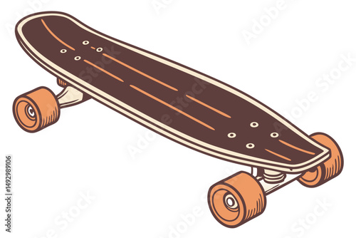 kateboard, wooden, retro style, old, vintage, dark brown, orange wheels, minimalist, sleek design, isolated on white background