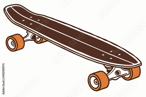 68 skateboard, wooden, retro style, old, vintage, dark brown, orange wheels, minimalist, sleek design, isolated on white background