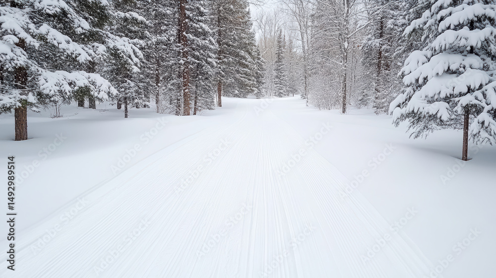 Obraz premium Serene snowy woodland path surrounded by tall evergreen trees creates peaceful winter scene