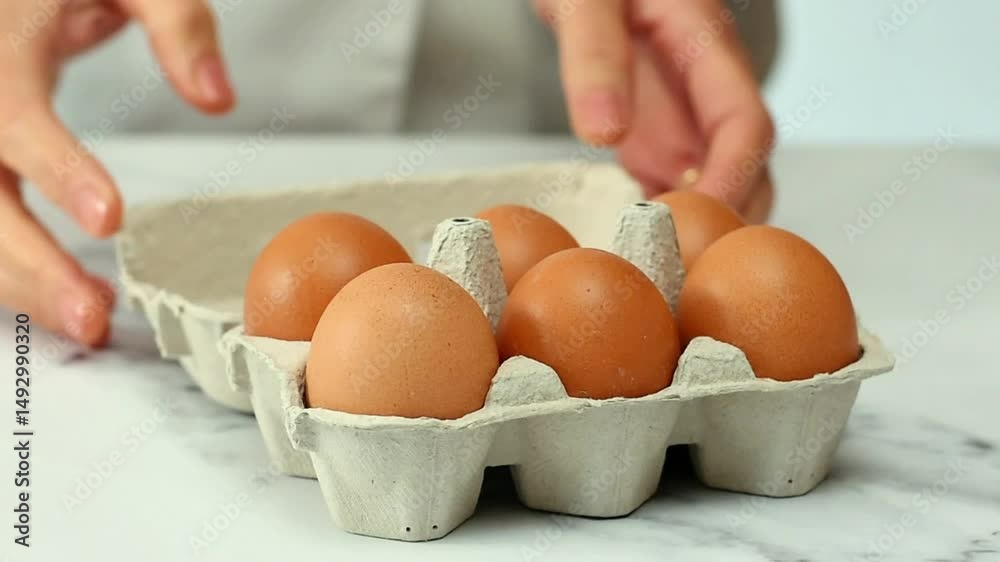 Persona colocando sobre una mesa de cocina de color blanco un cartón con 6 huevos
