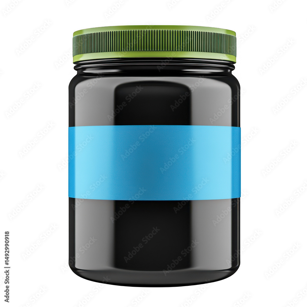Fototapeta premium Black jar with blue label on transparent background